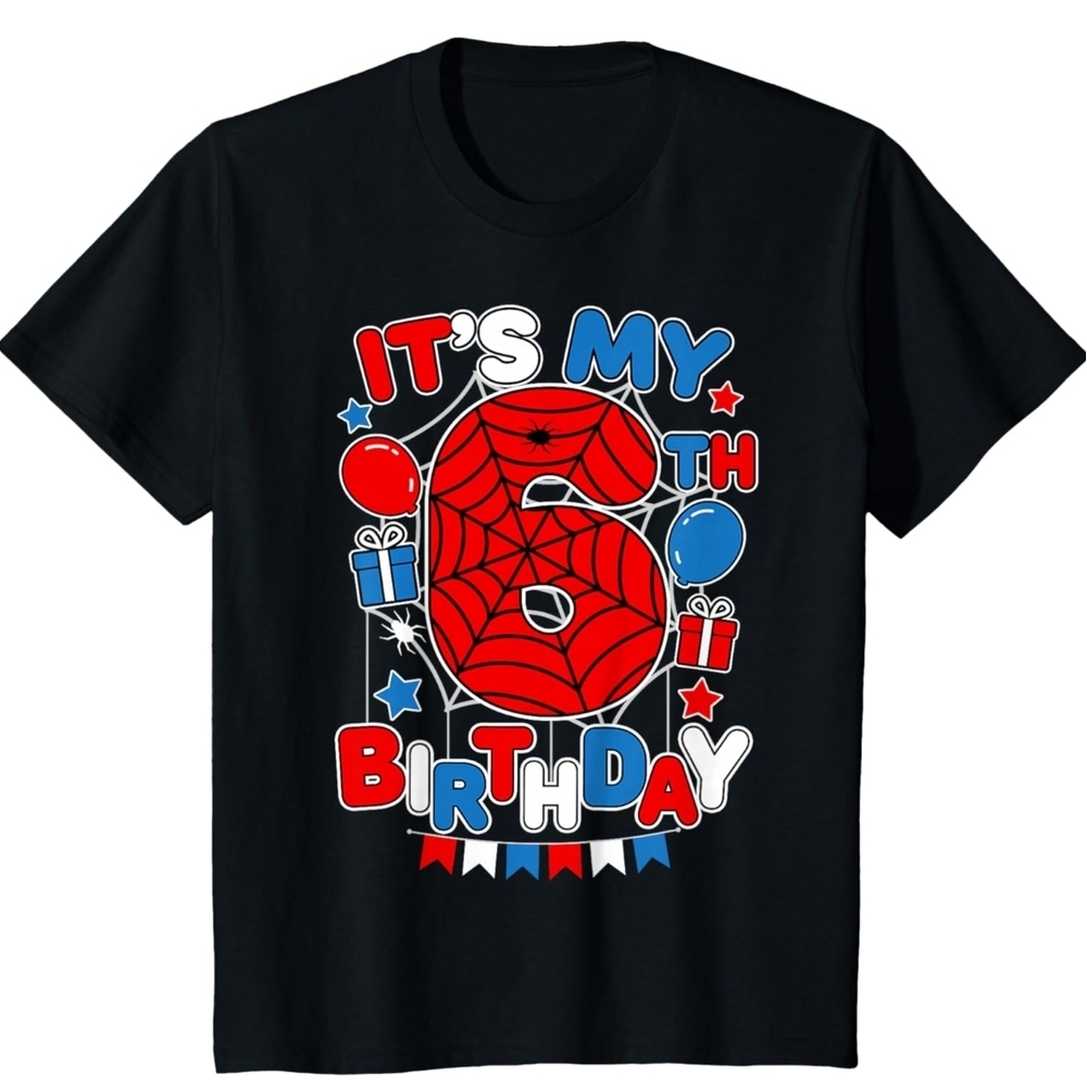 Kids 6th Birthday Spider Graphic Tee - Black